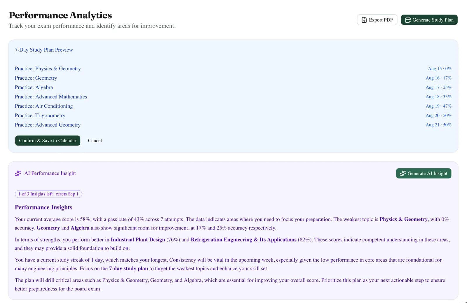 AI-generated study plan & insight