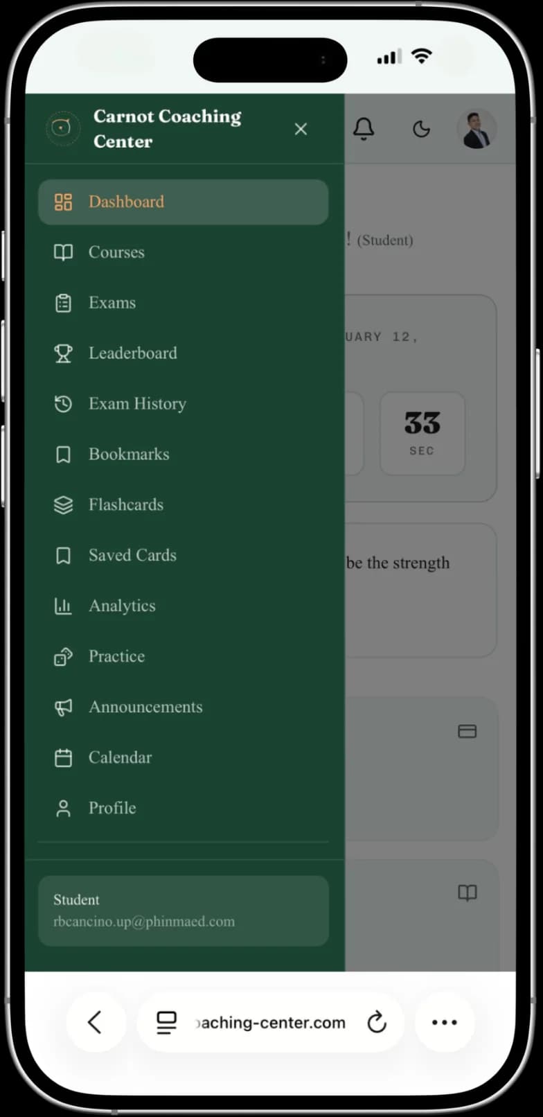 Carnot mobile app showing the student dashboard and navigation menu
