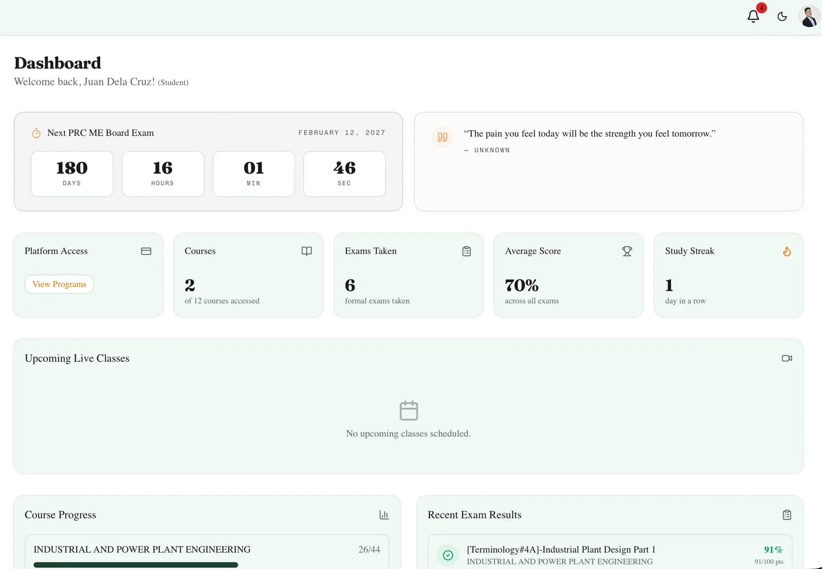 Carnot student dashboard showing exam history, course progress, and average score